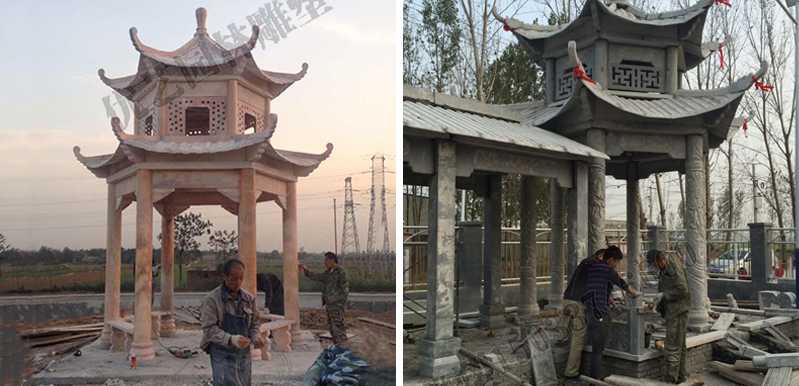 中式大理石涼亭安裝，石雕景觀亭子工廠，中式涼亭廠家
